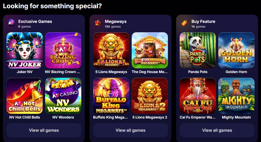 NV Casino spilbibliotek kategorier og fremhævede spillemaskine miniaturebilleder